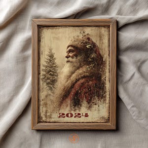 May include: A framed vintage-style print featuring Santa Claus in a red coat and hat, with a long white beard. The print includes a Christmas tree and the year "2024" in red. The frame is made of wood.