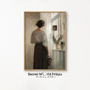 Woman Beside Window Portrait Painting | Vintage Wall Art Print | Moody Oil Painting | Antique Portrait Painting | Farmhouse Digital Download