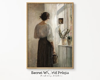 Vintage Woman at Window Portrait Print | Moody Farmhouse Wall Art (Digital Download)