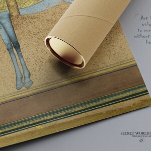 May include: A print of a traditional Persian miniature painting depicting a rider on a camel. The print is rolled up in a brown tube. The text on the print reads "Art is the only way to run away without leaving home."