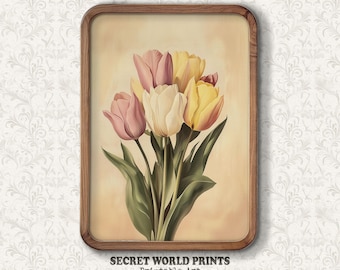 Vintage Tulip Bouquet Print: Neutral Spring Floral Wall Art (Digital Download)