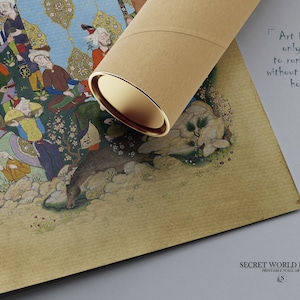 May include: A print of a Persian miniature painting depicting a group of people in a garden setting. The painting is in a brown tube. The text on the print reads "Art is the only way to run away without leaving home."