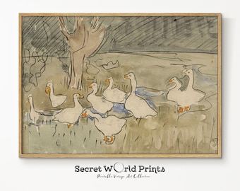 Vintage Geese Painting Print | Antique Bird Watercolor (Digital Download)