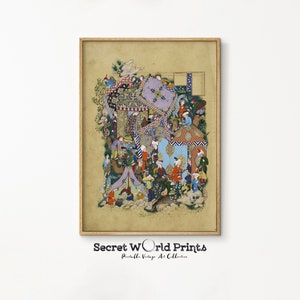 May include: A vintage illustration of a bustling scene with many people in colorful clothing. The artwork is framed in a light wood frame and features intricate details and patterns.
