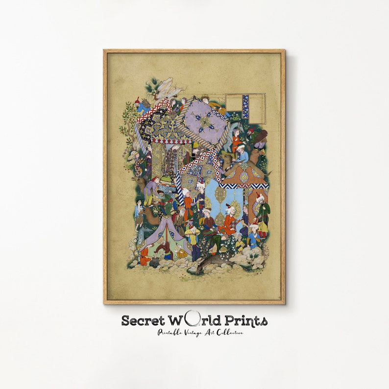 May include: A vintage illustration of a bustling scene with many people in colorful clothing. The artwork is framed in a light wood frame and features intricate details and patterns.