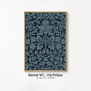 May include: A framed print of a vintage floral pattern in shades of blue and green. The pattern features a repeating design of leaves, flowers, and vines.