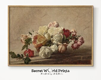 vintage roses nature morte peinture | Art floral ancien à l'huile (téléchargement numérique)