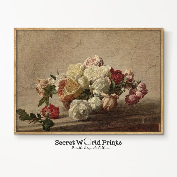 Roses Still Life Painting | Vintage Flower Painting Print | Cottage Wall Art Decor PRINTABLE | Antique Oil Download | Botanical Digital Art