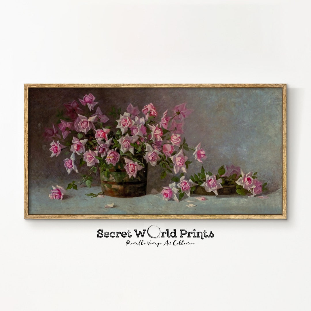 Panoramic Pink Roses Still Life Painting | Vintage Flower Wall Art ...