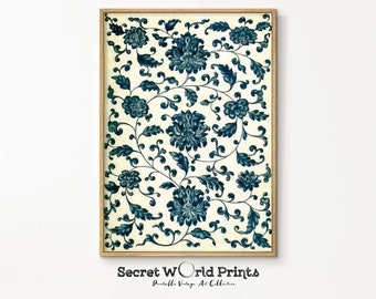 Dark Blue Floral Textile Digital Download | Vintage Textile Painting | Cottage Core Print | Antique Textile Pattern Wall Art