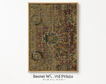 May include: A framed print of a vintage rug with intricate patterns in shades of red, brown, gold, and blue. The rug has a distressed, antique look.