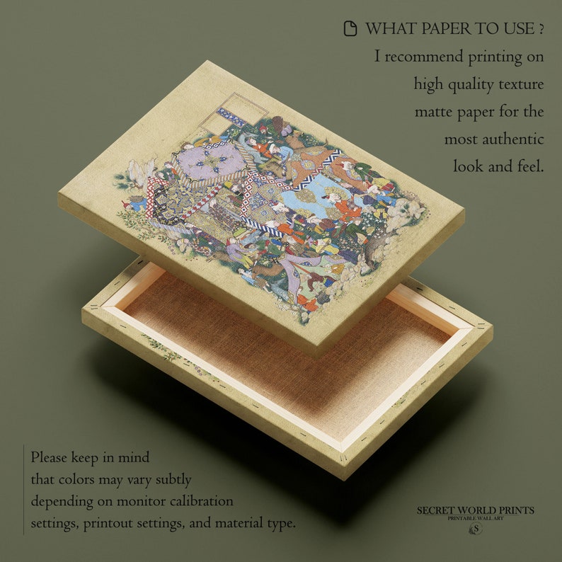 May include: A framed canvas print of a detailed illustration of a scene from a Persian miniature. The illustration is in a traditional style with many figures and intricate details. The canvas is beige and the frame is brown.