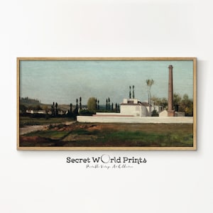 Vintage Oil Painting Printable | Farmhouse Landscape Print | Antique Wall Art | Panoramic Prints Digital Download