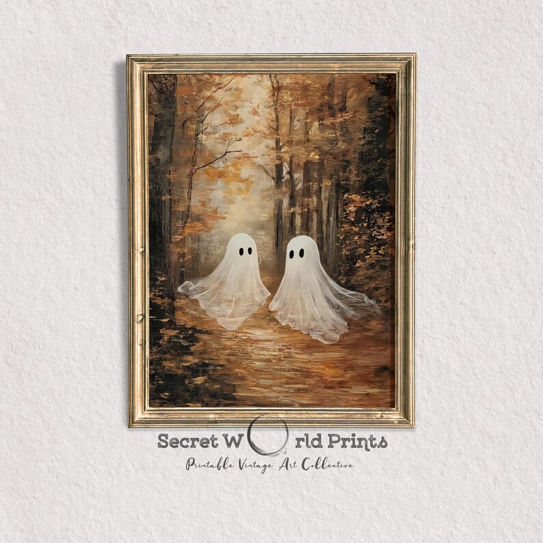 May include: A vintage-style painting of two white ghosts floating in a forest setting. The forest is painted in shades of brown and orange, with the leaves turning for autumn. The ghosts have simple black eyes and are floating in a line, facing the same direction.