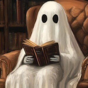May include: A white ghost wearing a sheet sits in a brown leather armchair and reads a book. The book is open and the pages are visible. The ghost's face is obscured by the sheet, but two black eyes are visible.