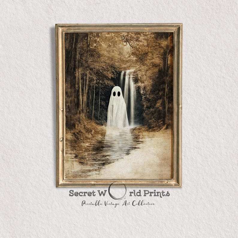 May include: A vintage-style print of a white ghost standing in a forest stream with a waterfall in the background. The image has a sepia tone and a faded look.