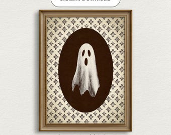 May include: Framed art print featuring a white ghost illustration within a dark brown oval. The background has a repeating pattern of black floral designs on a cream-colored backdrop. The text "Instant Download" and "Secret World Prints" are visible.