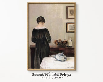 Victorian Woman Portrait Oil Painting | Interior scene Painting Print | Antique Wall Art | Moody Portrait Printable Digital Download | INT-6