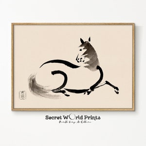 Impresión artística de caballo japonés: xilografía vintage, minimalista (descarga digital)