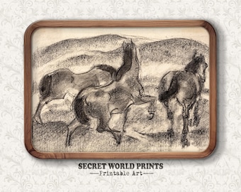 May include: A black and white pencil drawing of two horses running in a field. The drawing is framed in a wooden frame.
