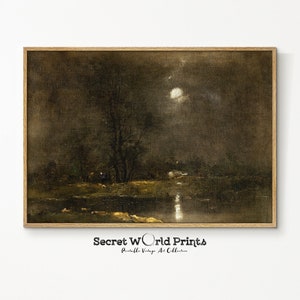 Vintage Dark Moody Landscape Painting | Printable Night Landscape Wall Art | Antique Scenery Print Digital Download