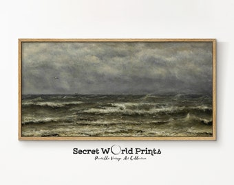 Vintage Panoramic SEASCAPE Painting | Long Landscape Wall Art | Narrow Scenery Oil Painting | Moody Wall Art Above Bed |DIGITAL DOWNLOAD