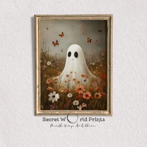 May include: A white ghost with a friendly face stands in a field of colorful flowers. Butterflies fly around the ghost in a whimsical scene.