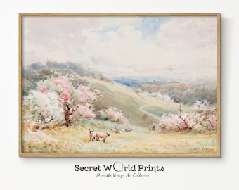 Vintage lente veldschilderij | Antieke landschapskunst (digitale download)