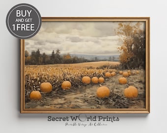 Farmhouse Pumpkin Field Painting: Vintage Autumn Landscape (Digital Download)