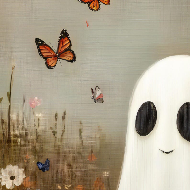 May include: A white ghost with a friendly smile and black eyes is surrounded by a field of flowers and butterflies. The butterflies are orange, white, and blue.