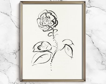 Impresión artística minimalista de rosas: Boceto floral en blanco y negro (descarga digital)