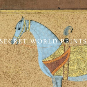 May include: A blue horse with a gold and red saddle and a feather plume. The horse is depicted in a traditional Indian style of painting. The text "SECRET WORLD PRINTS" is visible in the image.