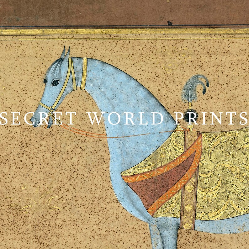 May include: A blue horse with a gold and red saddle and a feather plume. The horse is depicted in a traditional Indian style of painting. The text "SECRET WORLD PRINTS" is visible in the image.