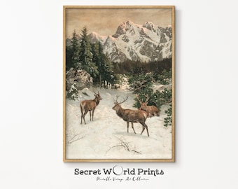 Antique Printable Winter Wall Art | Vintage Deer Print | Rustic Landscape Painting, Snowy Mountain Print, Christmas Digital Download | WT-17