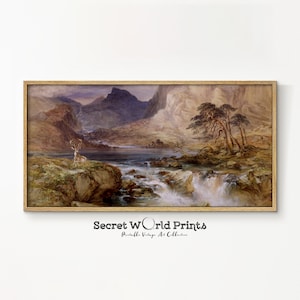 Long Landscape Oil Painting | Panoramic Farmhouse Wall Art | Narrow Printable Antique Landscape | Vintage Deer Painting Digital Download