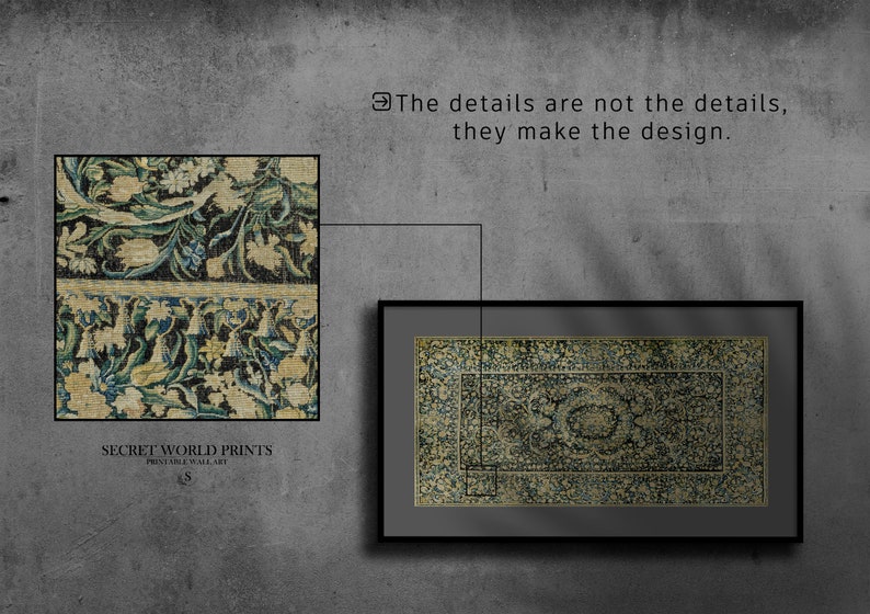 K&ouml;nnte beinhalten: Zwei gerahmte Drucke mit komplizierten floralen Mustern in Gr&uuml;n-, Blau- und Gelbt&ouml;nen. Der Text "SECRET WORLD PRINTS" und "PRINTABLE WALL ART" ist unter dem linken Druck sichtbar.
