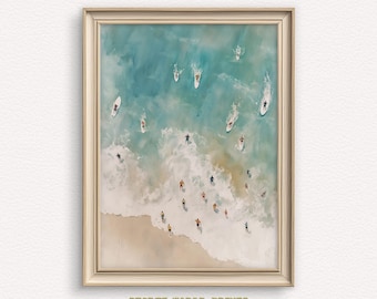 Stampa aerea della spiaggia: oceano turchese, scena di surf estivo (download digitale)
