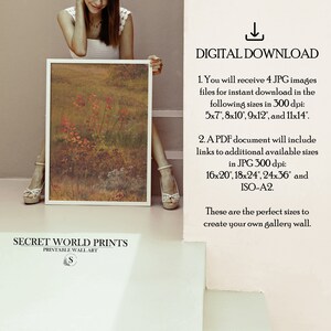 May include: A digital download of a nature-inspired print featuring a landscape with a cluster of red-leaved plants in a field. The print is available in various sizes, including 5x7 inches, 8x10 inches, 9x12 inches, and 11x14 inches.