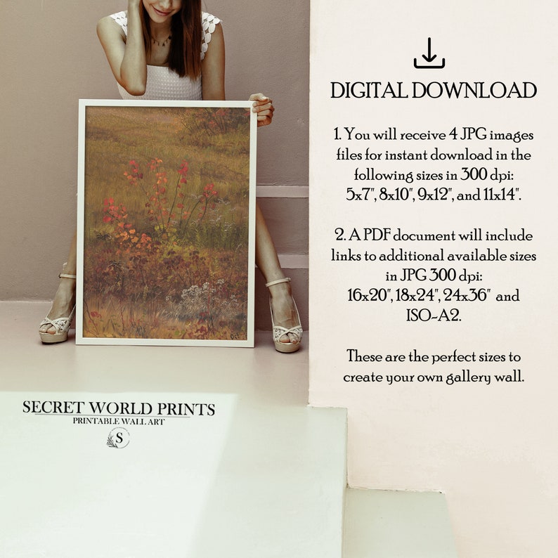 May include: A digital download of a nature-inspired print featuring a landscape with a cluster of red-leaved plants in a field. The print is available in various sizes, including 5x7 inches, 8x10 inches, 9x12 inches, and 11x14 inches.