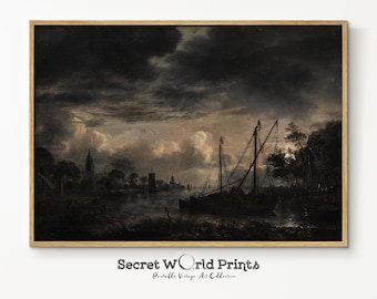 Antique Night Sky Oil Painting | Moody Landscape Art (Digital Download)