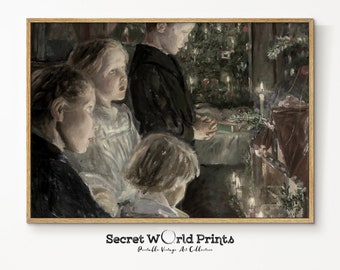 May include: A vintage painting depicting four children gathered around a Christmas tree, looking up with anticipation. The scene is lit by candlelight, creating a warm and festive atmosphere. The painting is framed in a simple wooden frame.