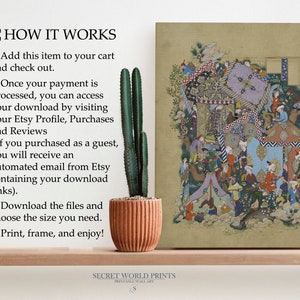 May include: A digital download of a printable wall art print featuring a colorful Persian miniature painting depicting a bustling scene with people, animals, and tents. The text "HOW IT WORKS" is visible on the left side of the image, along with instructions for downloading and printing the digital file.