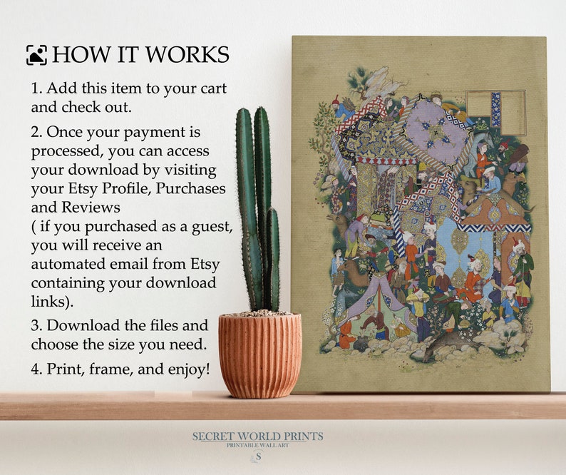 May include: A digital download of a printable wall art print featuring a colorful Persian miniature painting depicting a bustling scene with people, animals, and tents. The text "HOW IT WORKS" is visible on the left side of the image, along with instructions for downloading and printing the digital file.