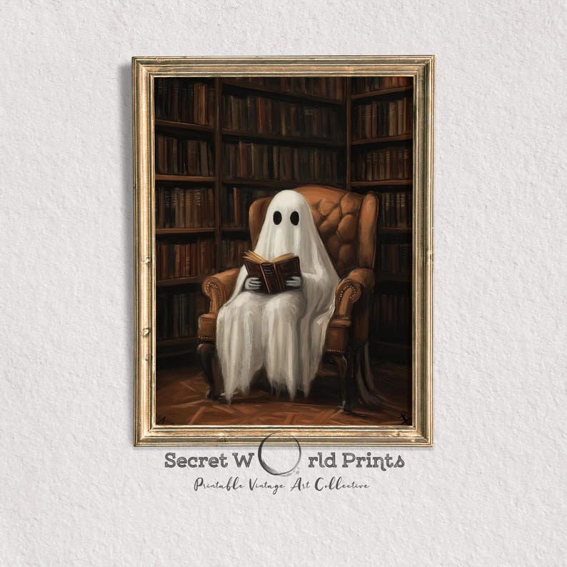 May include: A white ghost wearing a sheet sits in a brown leather armchair in a library. The ghost is reading a book with a brown cover. The library has bookshelves filled with books.
