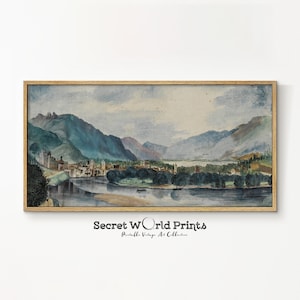 Vintage Panoramic Landscape Art | Watercolor Landscape Painting | Above Bed Long Narrow Print | Long Horizontal Art DIGITAL DOWNLOAD