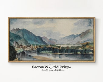 Vintage Panoramic Landscape Watercolor Art Print | Long Narrow Wall Decor (Digital Download)
