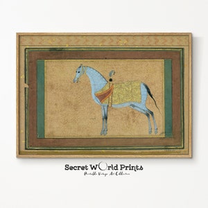 May include: A vintage illustration of a light blue horse wearing a gold and red saddle and bridle. The horse is standing on a beige background with a green and brown border.