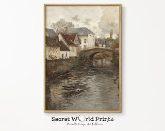 Vintage European Autumn Painting: Rustic Farmhouse Landscape (Digital Download)