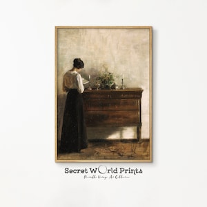 Vintage Victorian Woman Portrait Painting | Antique Interior scene Print | Moody Dark Academia Wall Art | DIGITAL DOWNLOAD
