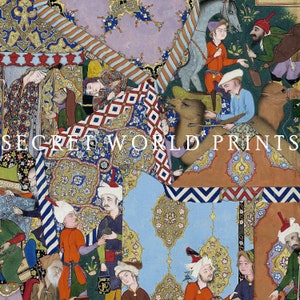 May include: A colorful Persian miniature painting depicting a scene with multiple figures, animals, and intricate patterns. The painting features a camel, a horse, and several people in traditional clothing. The background is filled with vibrant colors and geometric designs.